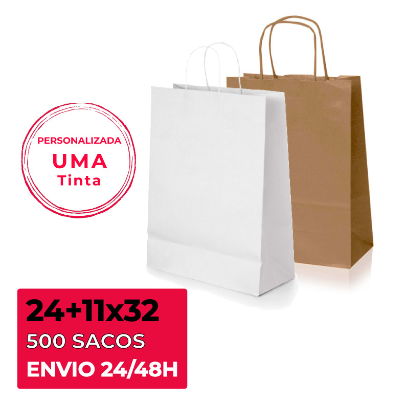 500 Sacos Personalizados Alça Enrolada Kraft/Branca 24+11x32 cm